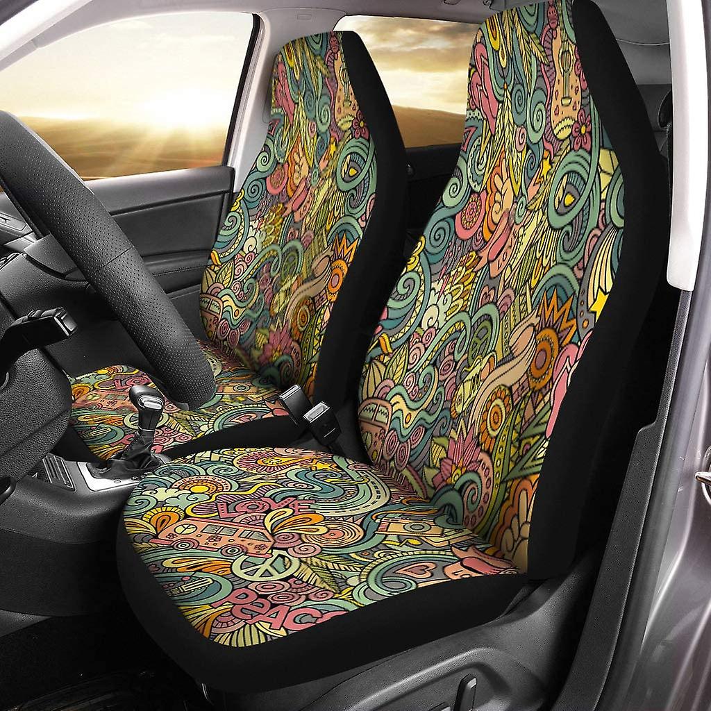 Set Of 2 Car Seat Covers Hippy Cartoon Doodles Subject Of Hippie Colorful Detailed Lots Universal Auto Front Seats Protector Fits D---41992