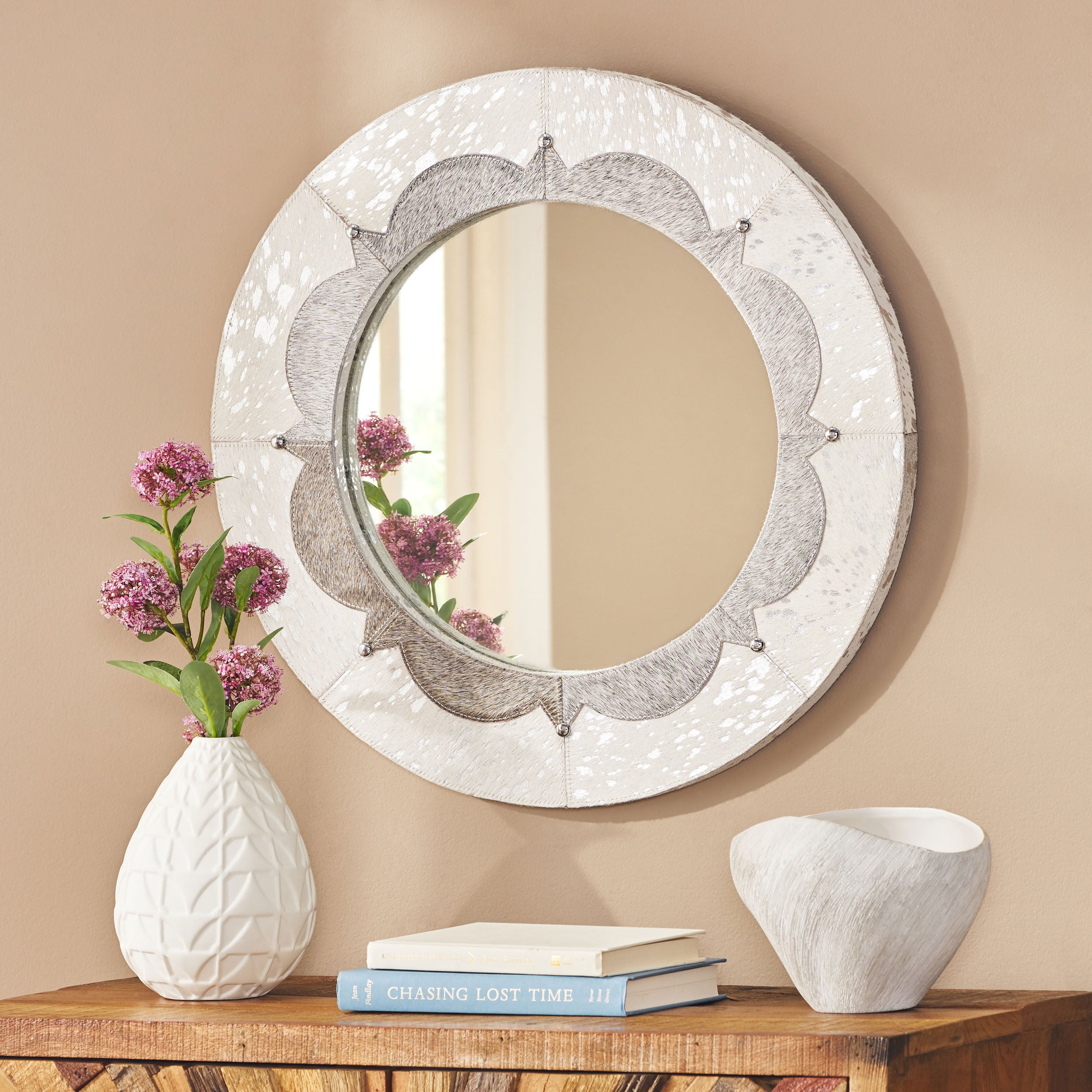 Dyar Handcrafted Boho Studded Leather Round Wall Mirror