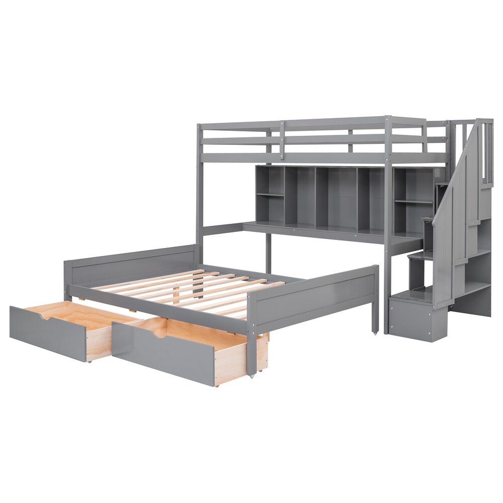 Gray Twin XL over Full Bunk Bed with Built in Storage Shelves  Drawers and Staircase  97.2''L*118.3''W*66.1''H  286.5LBS