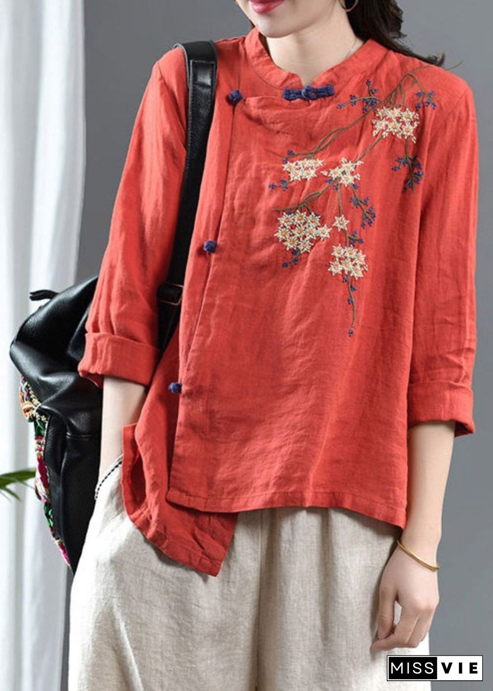 Plus Size Orange O-Neck Asymmetrical Design Button Embroideried Linen Top Long Sleeve