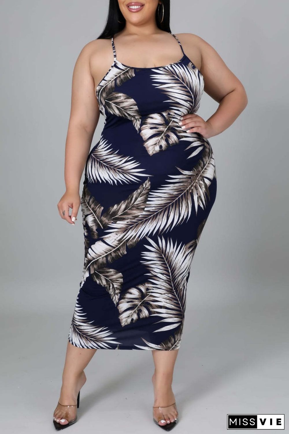 Orange Sexy Casual Print Backless O Neck Sling Dress Plus Size Dresses