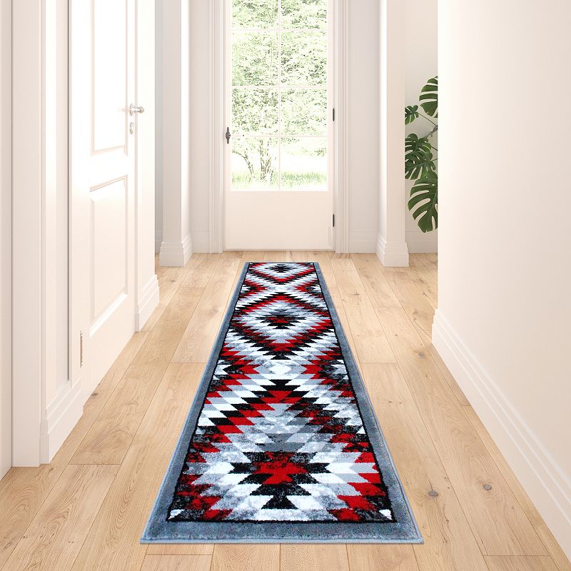 Masada Rugs Masada Rugs Stephanie Collection 2'x7' Area Rug Runner with Distressed Southwest Native American Design 1106 in Red， Gray， Black and White