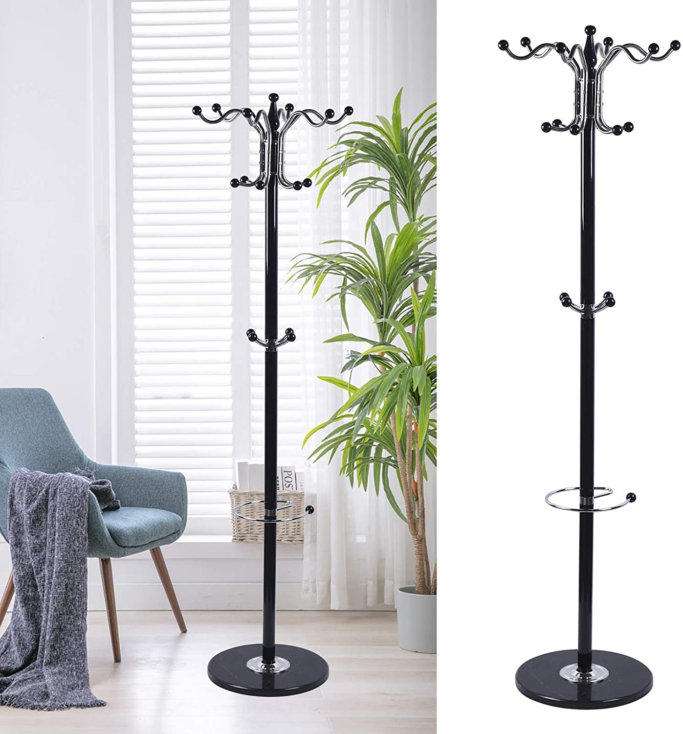 Metal Coat Rack Stand， 15*67in Coat Rack for Clothes with 4 Levels and 16 Hooks， Free Standing Coat Rack for Home， Office， Entryway， Hallway， Black