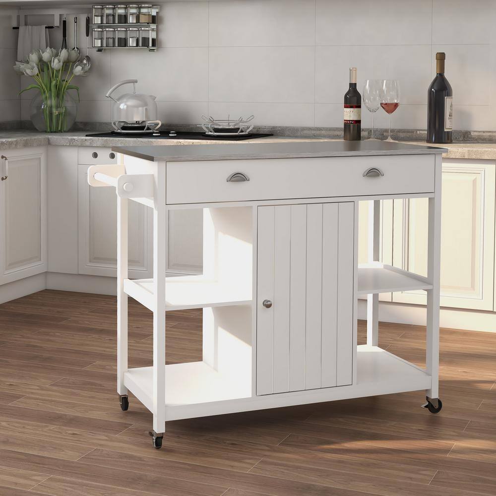 Tatayosi White MDF Wood 31.50 in. Kitchen Island with Double Glass-Paneled Doors and Handle J-H-W28228062