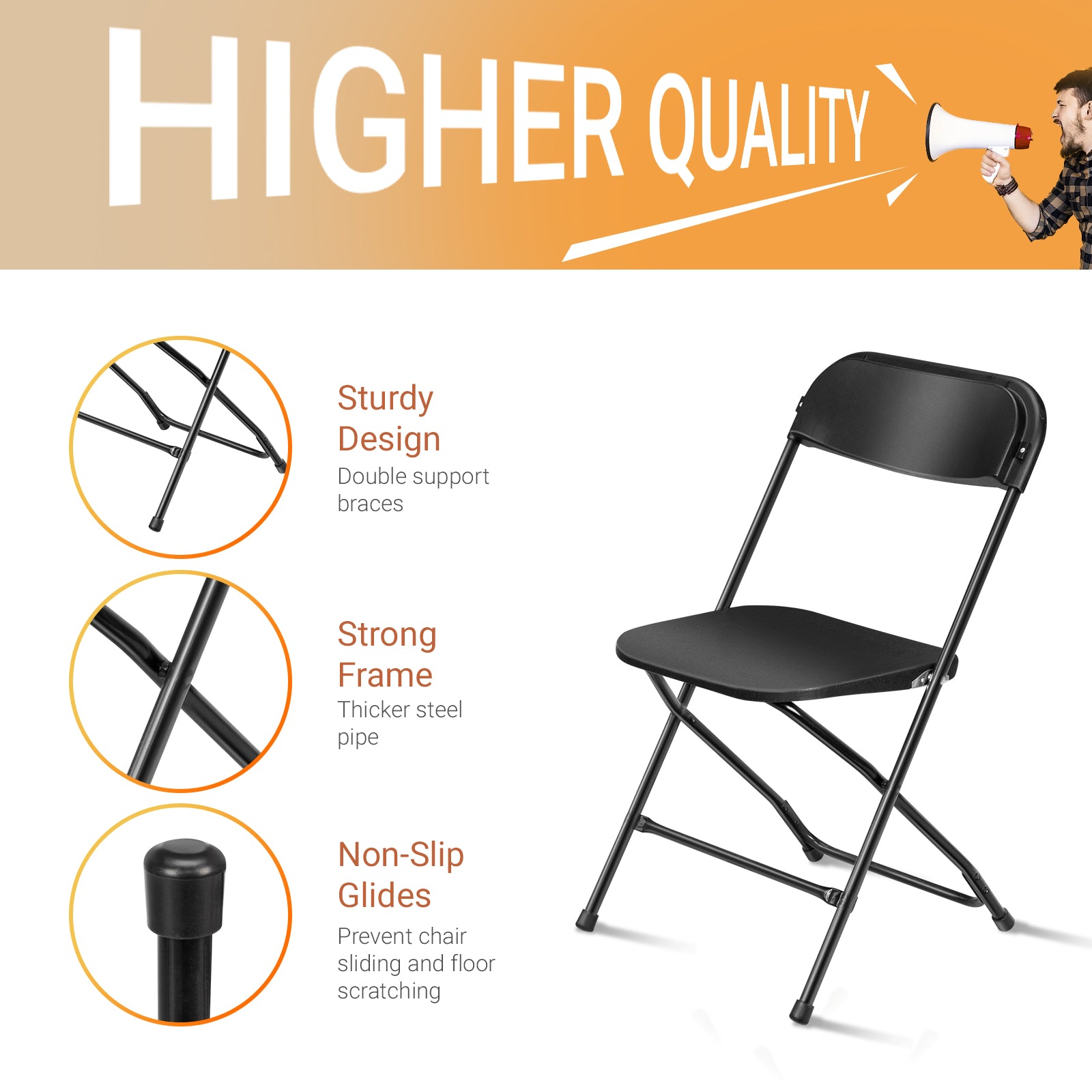 VINGLI 5 Pack Black Plastic Folding Chair， Indoor Outdoor Stackable Seat