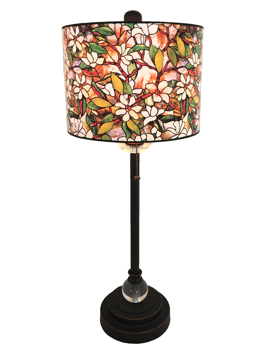 Royal Designs 28" Crystal and Oil Rub Bronze Buffet Lamp with Magnolia Stained Glass Design Hard Back Lamp Shade, Set of 2