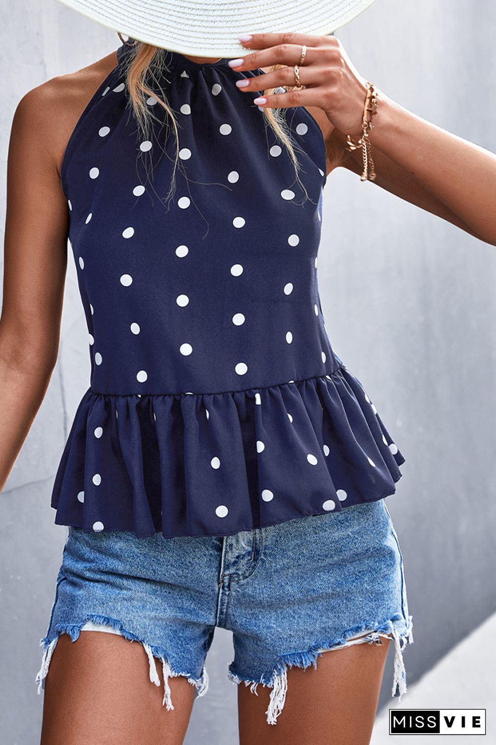 Polka Dot Halter Sleeveless Ruffle Hem Tank Top Wholesale