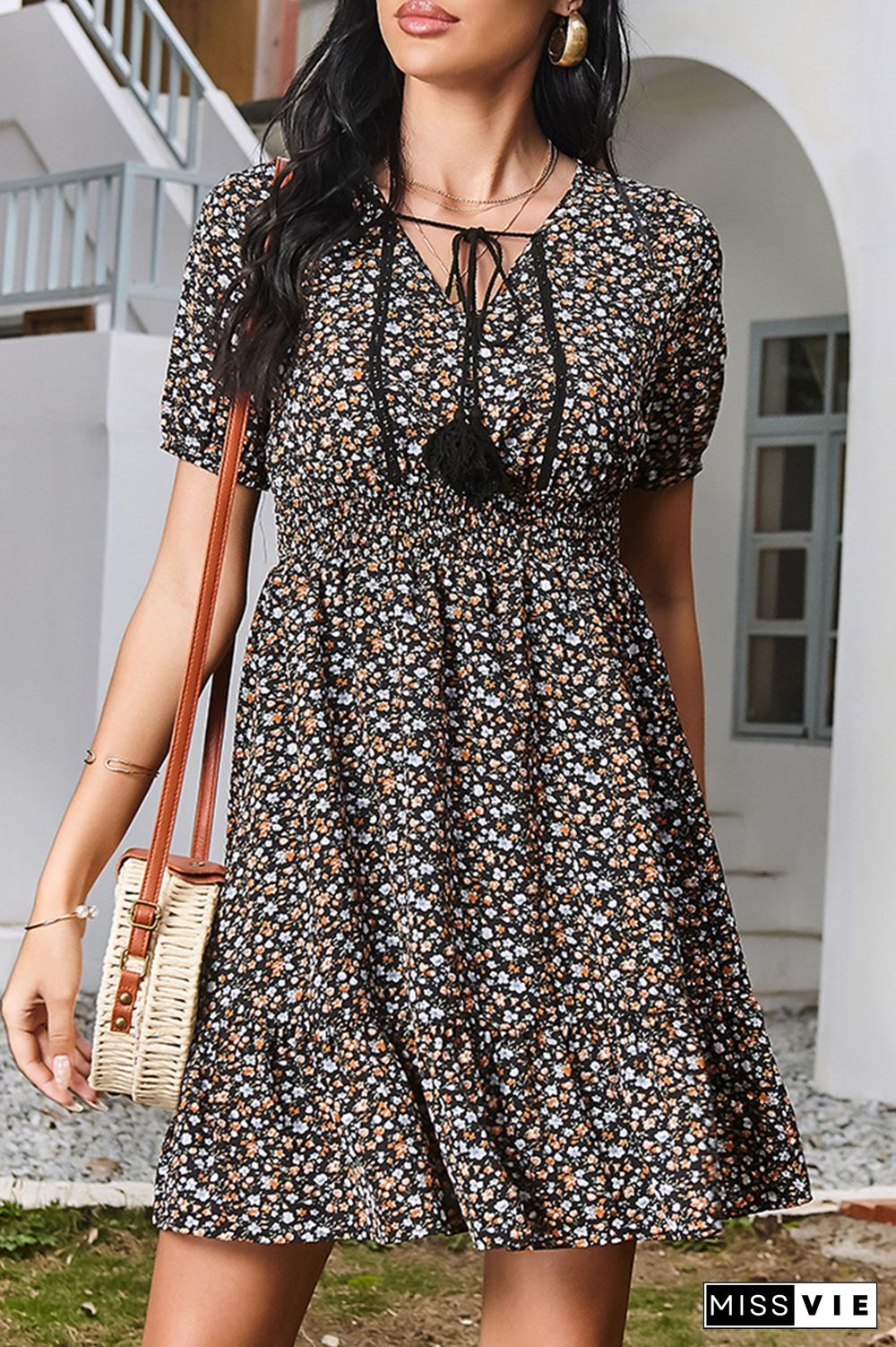 Fashion Elegant Floral Tassel Flounce V Neck Waist Skirt Dresses