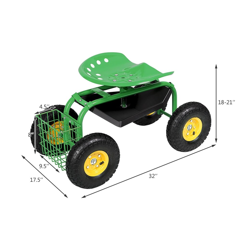 Garden Cart with Rolling Seat   Tool Tray for Lawn Care Gardening