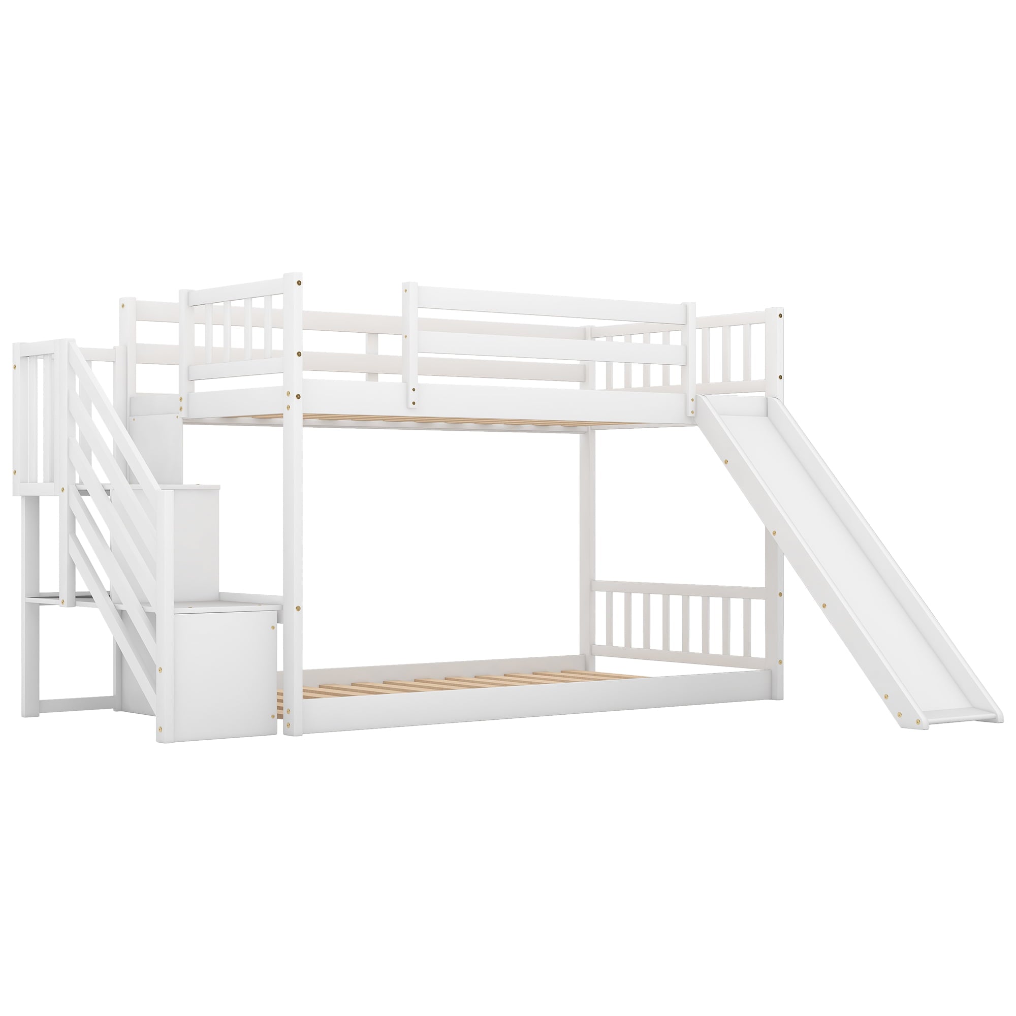 Euroco Twin over Twin Bunk Bed with Slide and Stairway for Kids' Room, White