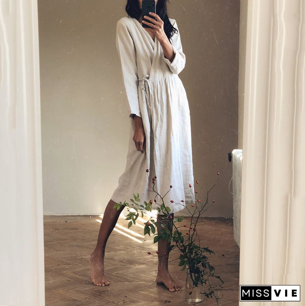 Casual V Neck Solid Tie Wrap Midi Dress