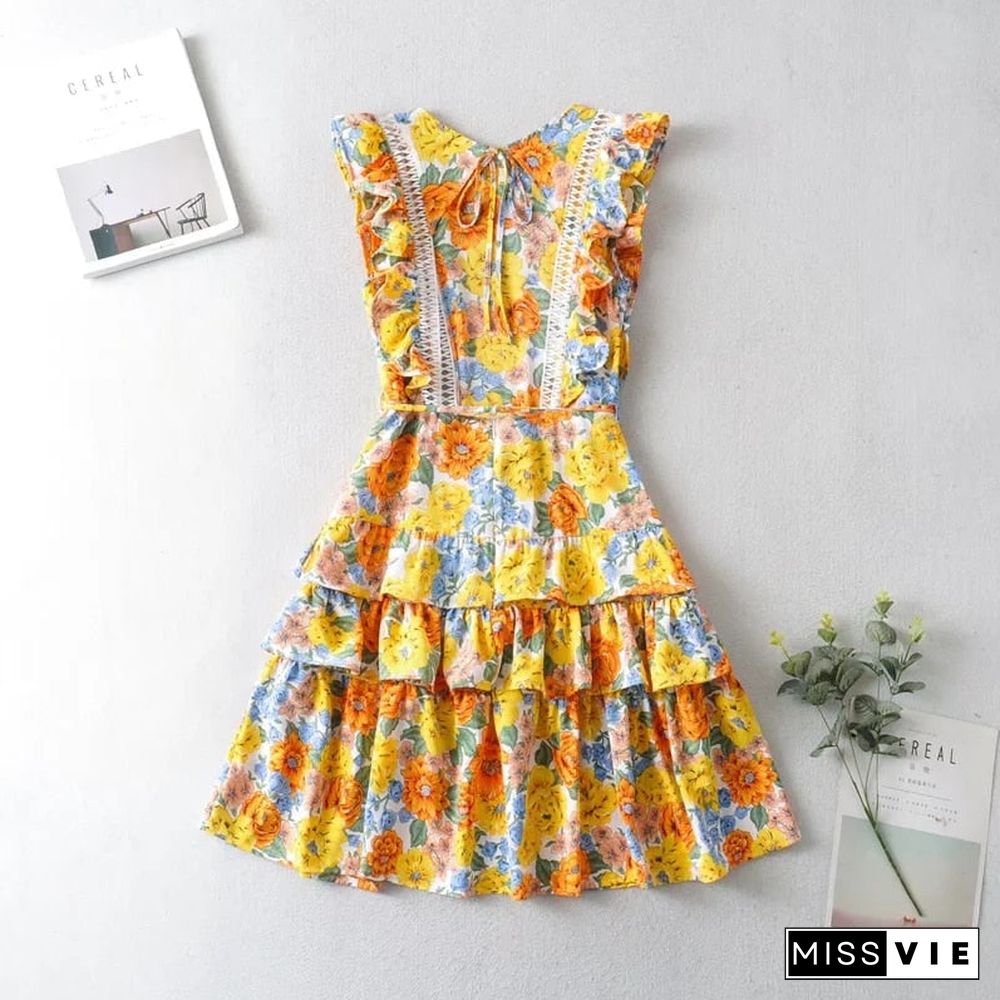 Back To School Outfit  Summer Dresses For Women Inspired Yellow Florla Ruffled Sleeve Summer Dress Cotton Hollow Out Tiered Ruffle Boho Beach Dress Casual Women Dress