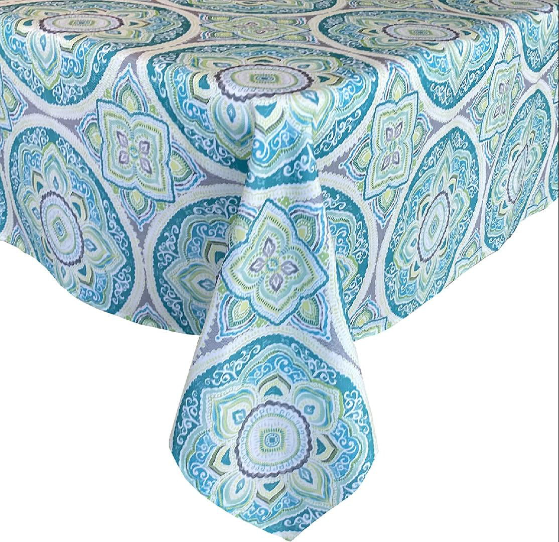 Santorini Sea Glass Mosaic Indoor/Outdoor Fabric Tablecloth - Mediterranean Medallion Stain, Water Resistant Heavy Weight Tablecloth, 60 X 84 Oblong Zippered Patio Umbrella Tablecloth