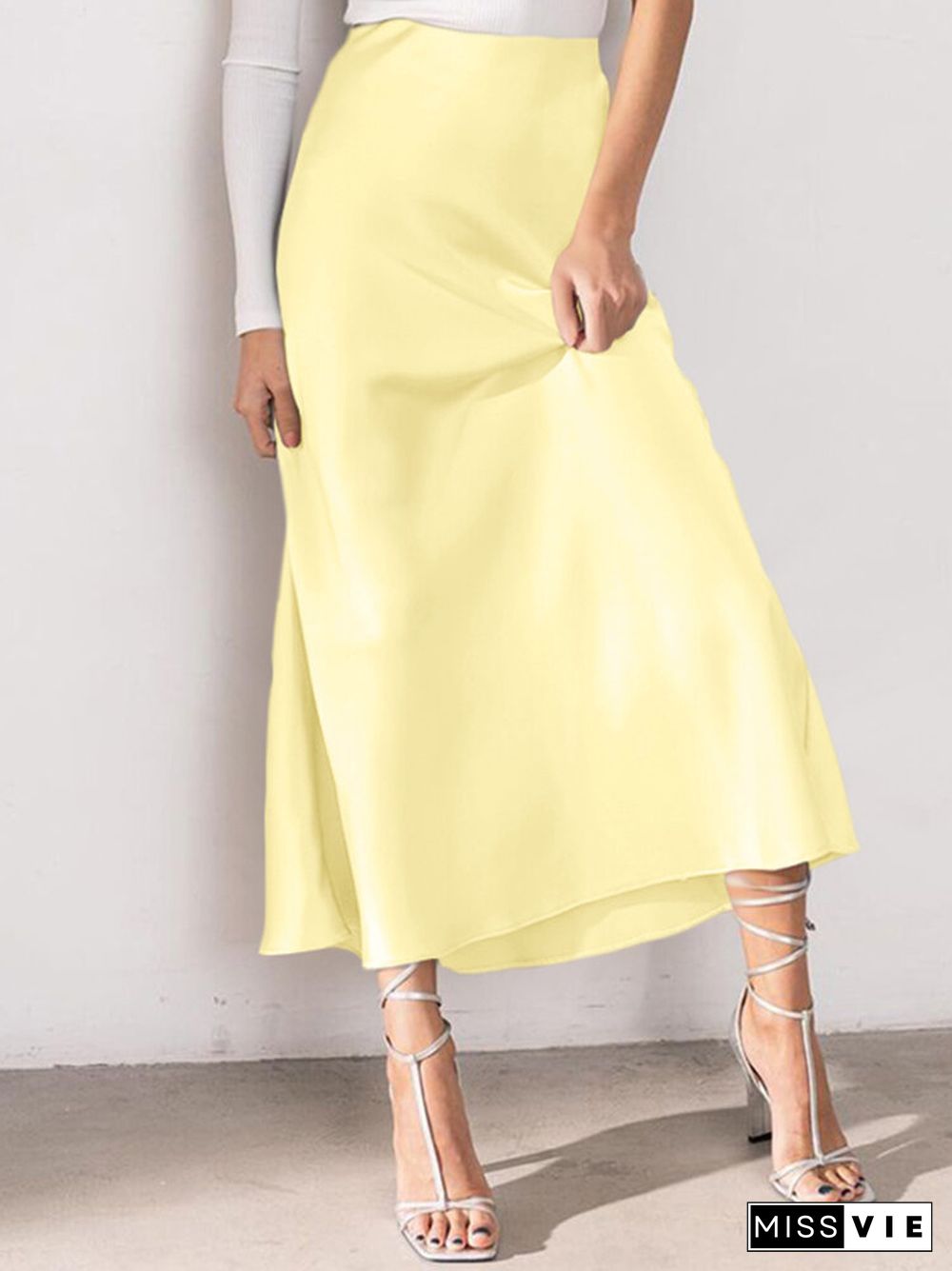 Solid Color Ruched Ankle Length High Waist Skirt