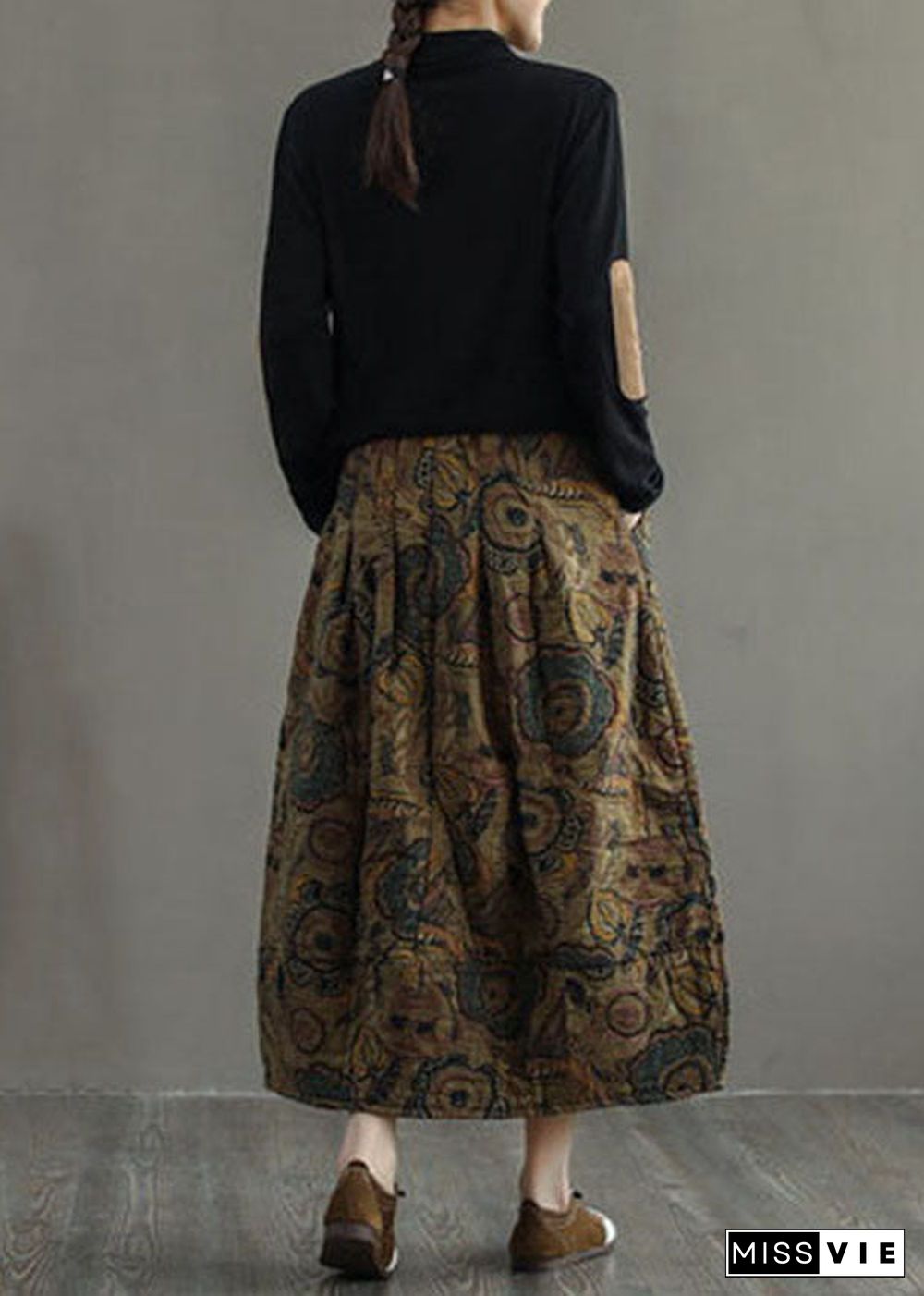 Women Black - texture Elastic Waist Patchwork Print Fine Cotton Filled Skirt Winter