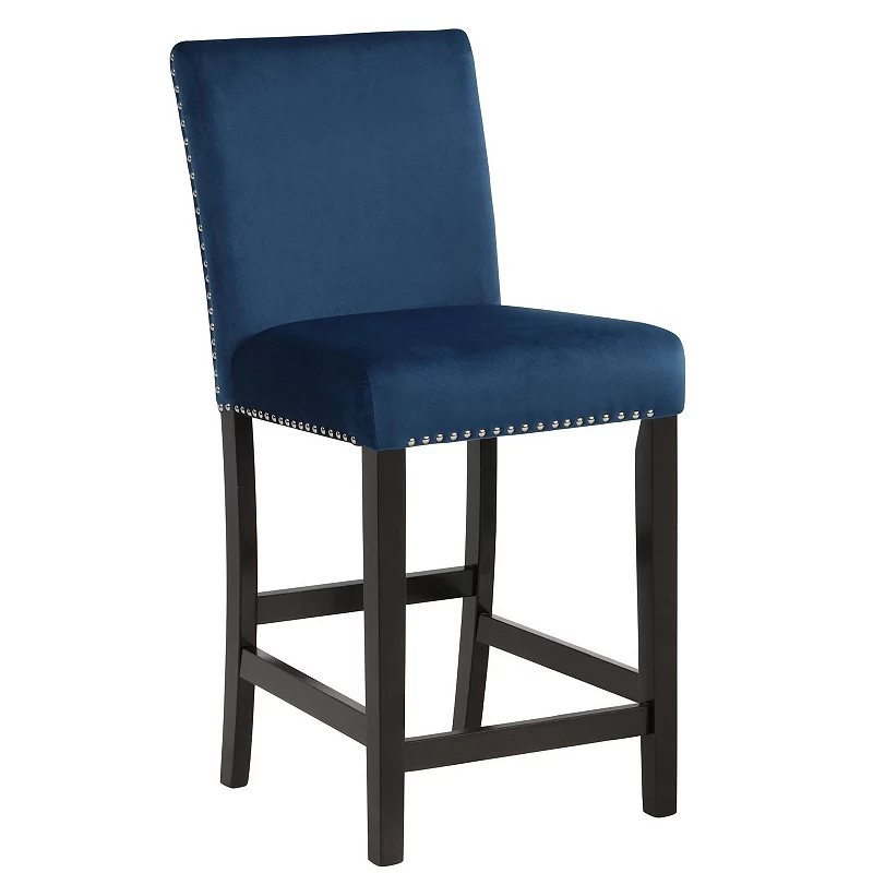 Kate 40 Inch Wooden Counter Height Chair with Velvet Seat， Set of 2， Blue