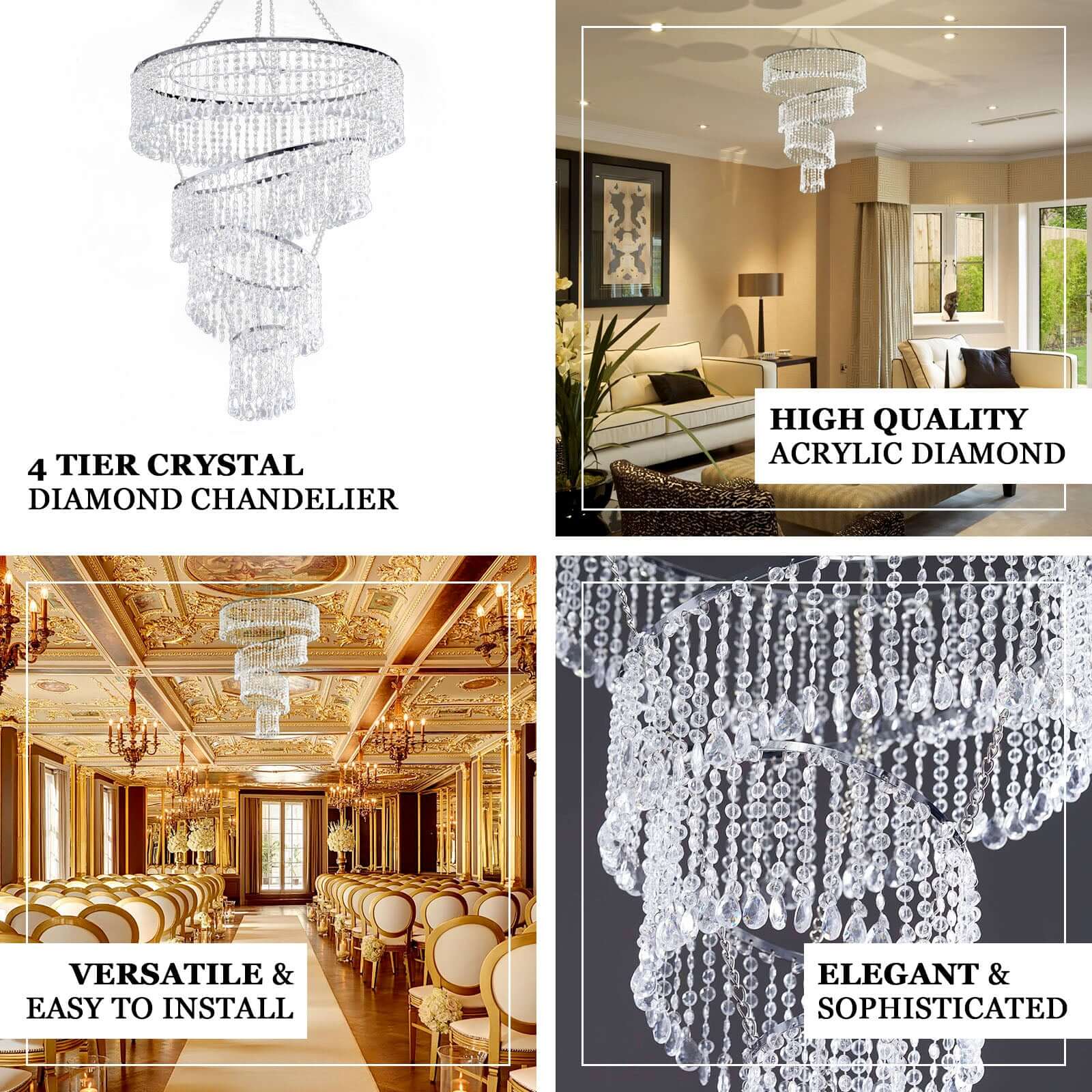 4-Tier Acrylic Diamond Crystal Chandelier Hanging Pendant Lighting Chandelier 24