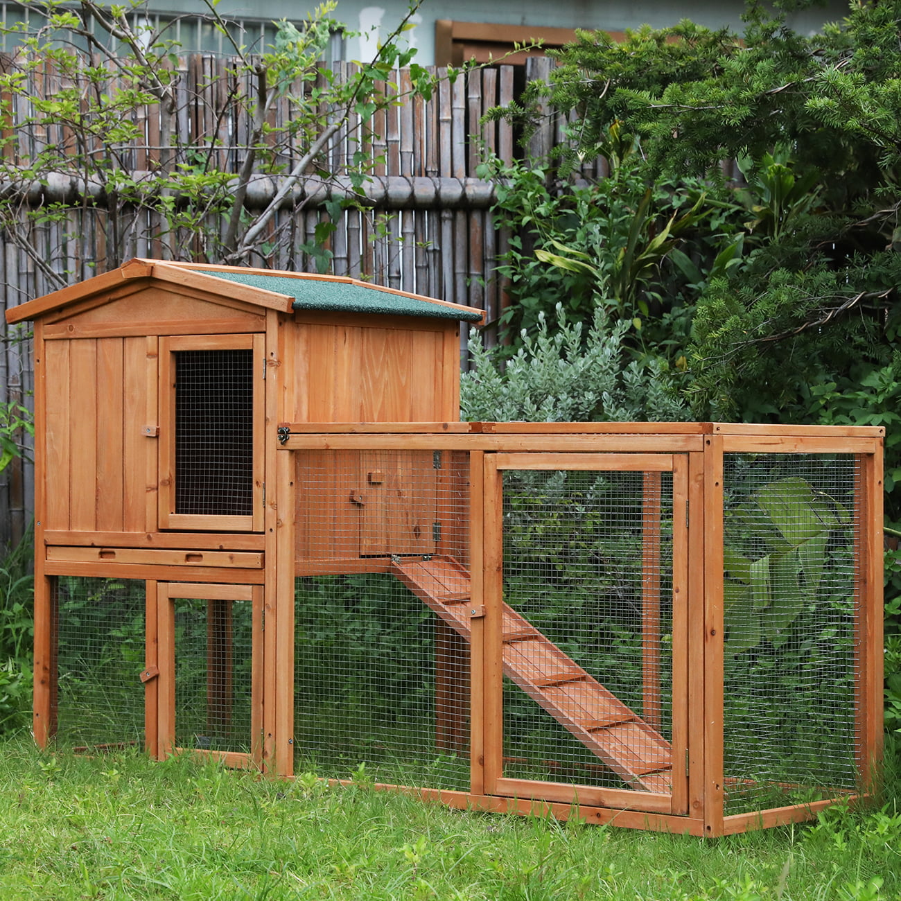 Bibana Chicken Coop Large Wooden Outdoor Bunny Rabbit Hutch Hen Cage with Ventilation Door， Removable Tray and Ramp Garden Backyard Pet House Chicken Nesting Box