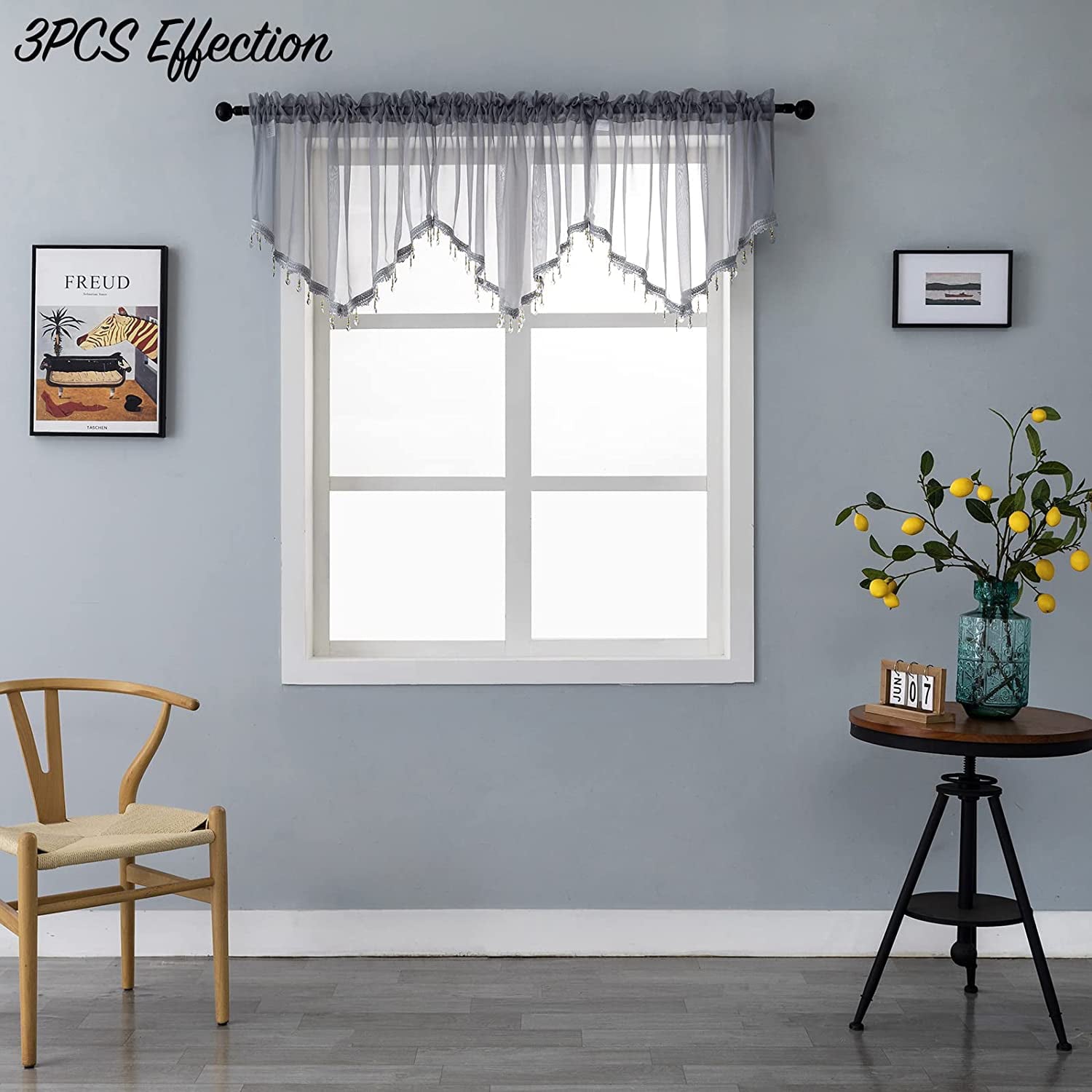 PearAge Curtains Valance for Living Room, Window Sheer Treatment for Kitchen, 51W x 24L Grey 1PC