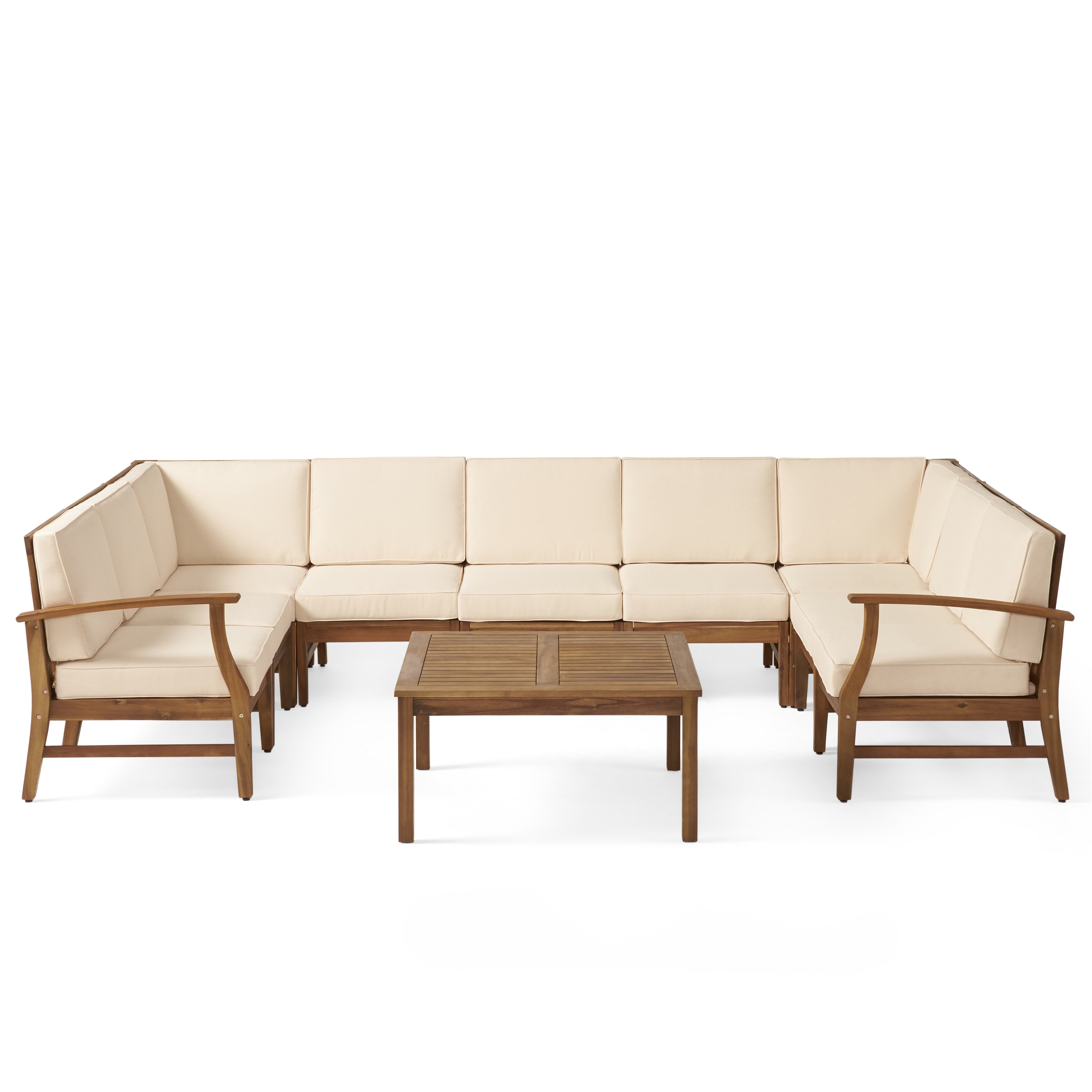 Judith Outdoor 9 Seater Acacia Wood Sectional Sofa Set with Cushions