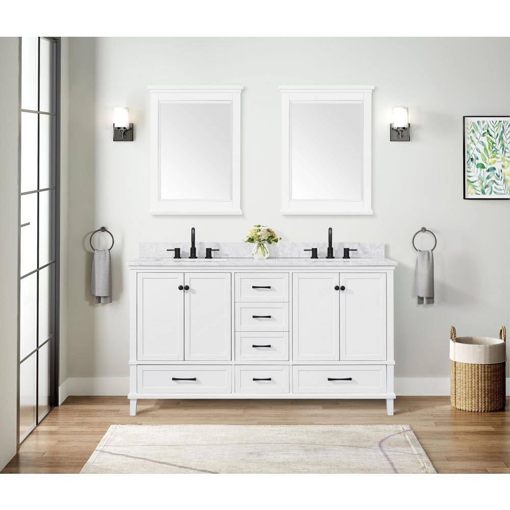 Home Decorators Collection Merryfield 61 in. W x 22 in. D x 35 in. H Freestanding Bath Vanity in White with Carrara White Marble Top 19112-VS61-WT