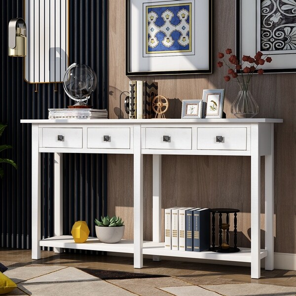 Rustic Brushed Texture Console Table with 4 Storage Drawers(with Rustic Modern Knobs) and 1 Bottom Shelf， Ivory White