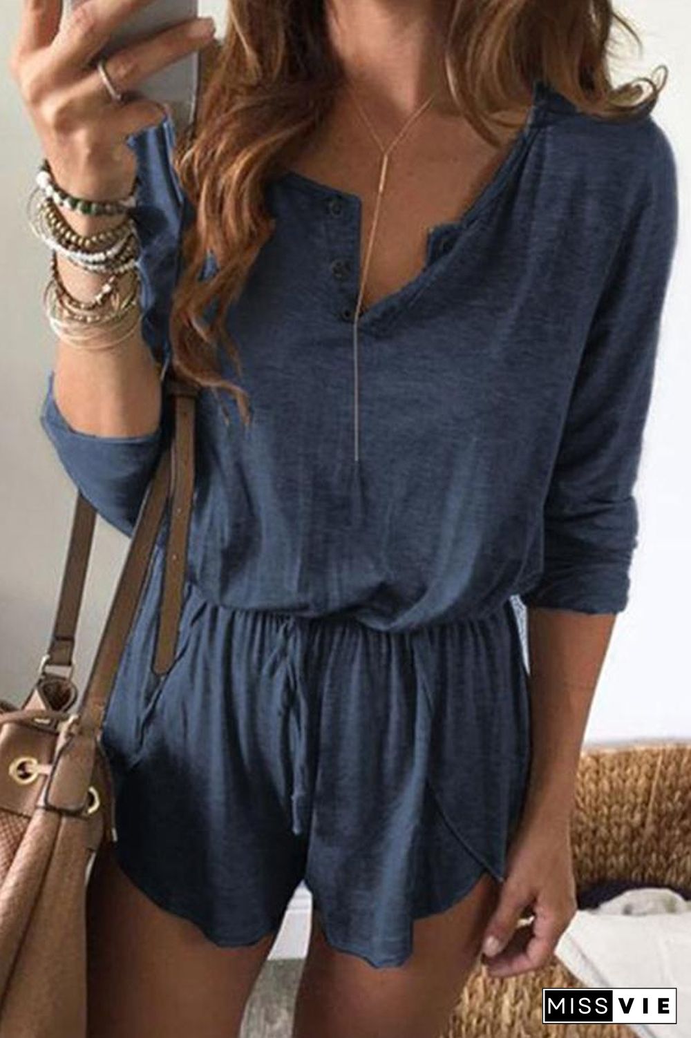 Solid Color Long Sleeve Tie Waist Romper P15011