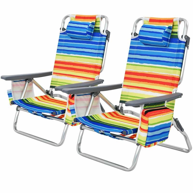 2-Pack Folding Beach Chair, Backpack Lawn Chairs, Sling Camping Chair, Patio Reclining Chairs with 5 Adjustable Position, Head Pillow