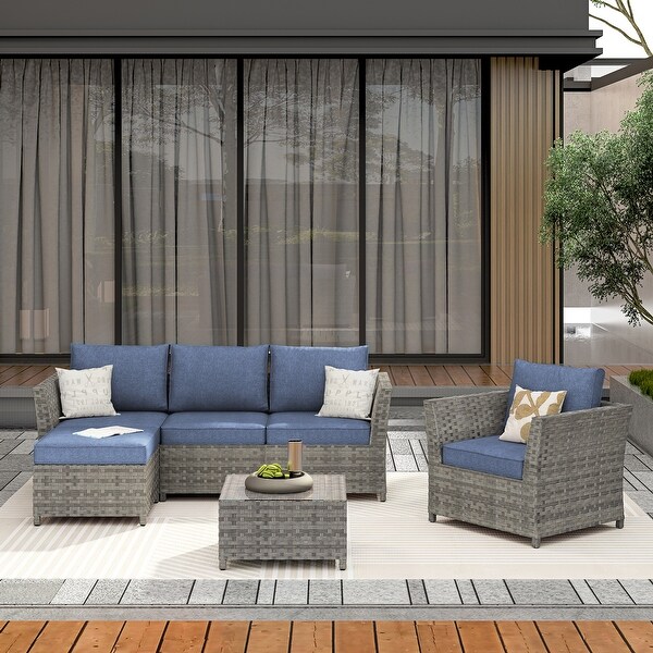 HOOOWOOO Patio Furniture Outdoor 6piece Grey Rattan Sectional Set with Ottoman