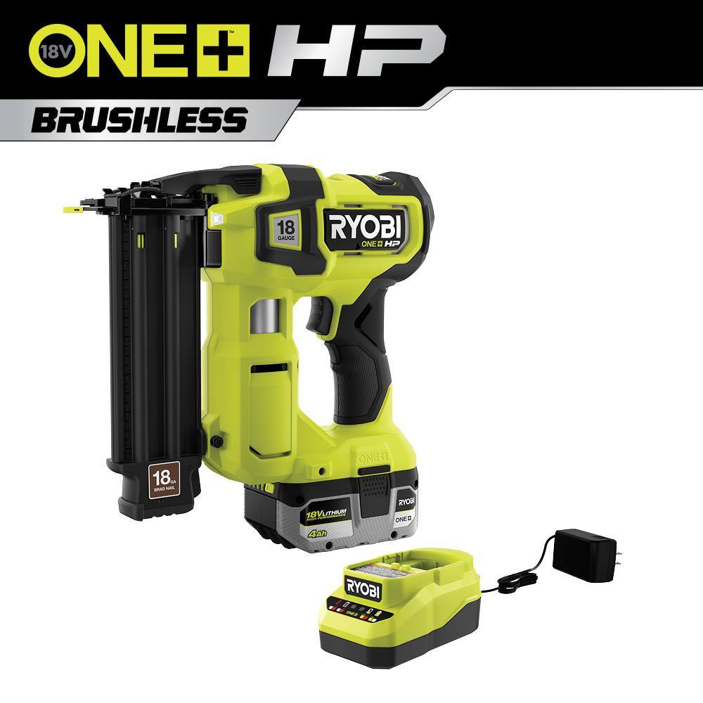 Ryobi ONE+ HP 18V 18-Gauge Brushless Cordless AirStrike Brad Nailer Kit with 4.0 Ah Battery and Charger P322K