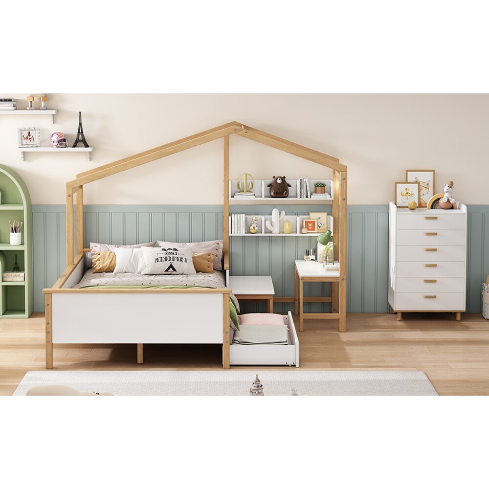 2 Pieces Bedroom Sets Full Size Wooden House Bed with Desk and 6 Drawer Chest  Platform Bed w/ Drawer and Shelves for Kids' Room