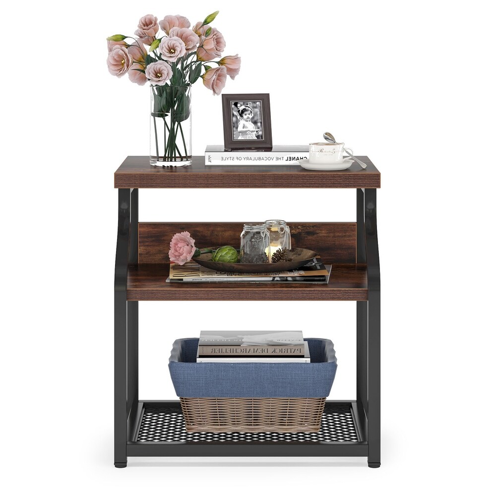 Side End Table  Industrial 3 shelf Bedside Nightstands with Storage shelves for Small Space