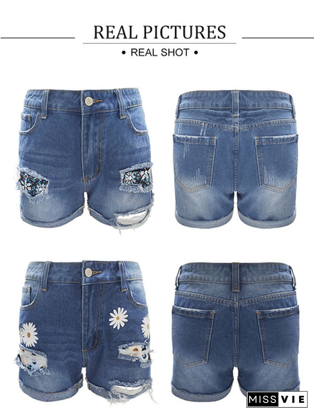 New Fashion Women Denim Shorts Print Patch Ripped Jeans Summer Casual Shorts for Women