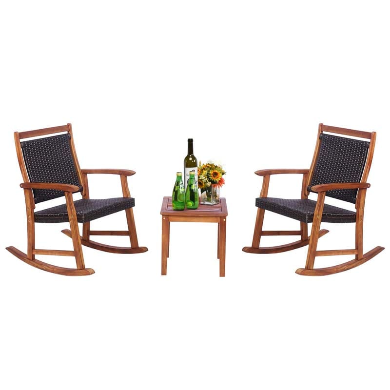 3 Pcs Acacia Wood Patio Rocking Chair Set with Side Table, Rattan Wicker Outdoor Rocking Bistro Set