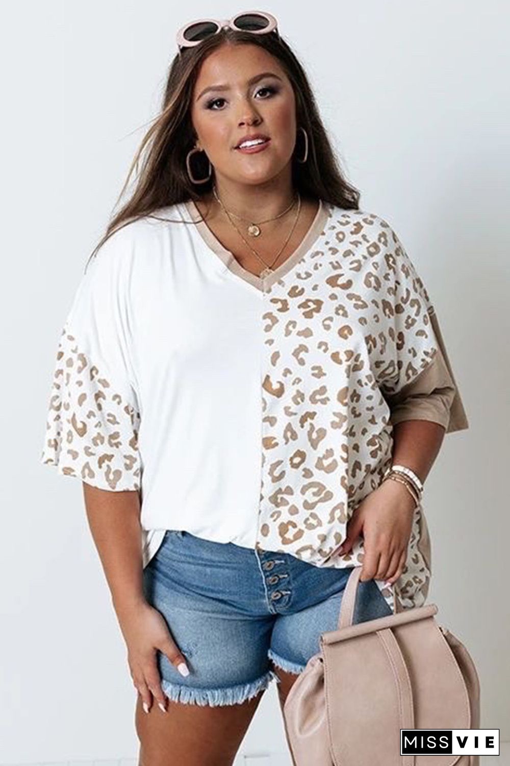 White Plus Size Leopard Patchwork Short Sleeve Top