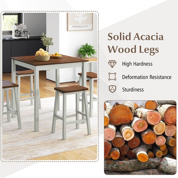 Gymax 5PCS Dining Table Set w/ 4 Saddle Stools Acacia Wood Legs Modern