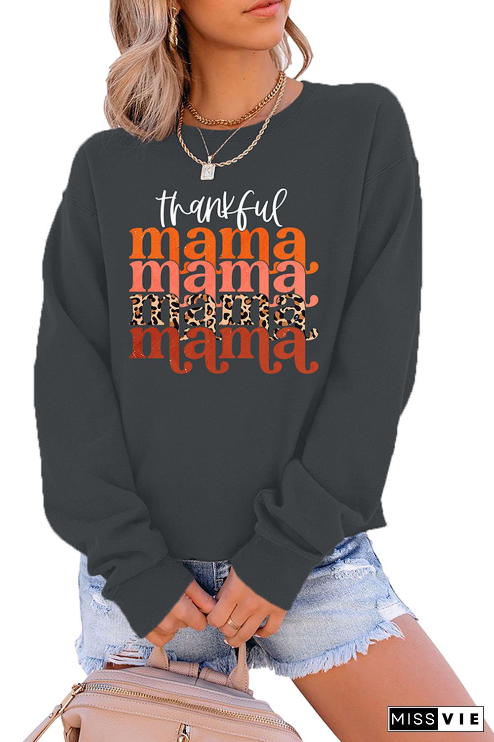 Thankful Mama Stacked Print O-neck Long Sleeve Sweatshirts Women Wholesale