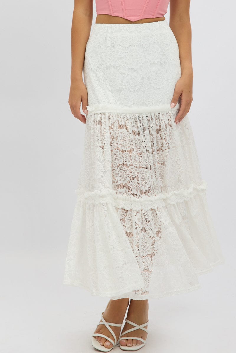 White Lace Maxi Skirt Elastic Waist Tiered Lined