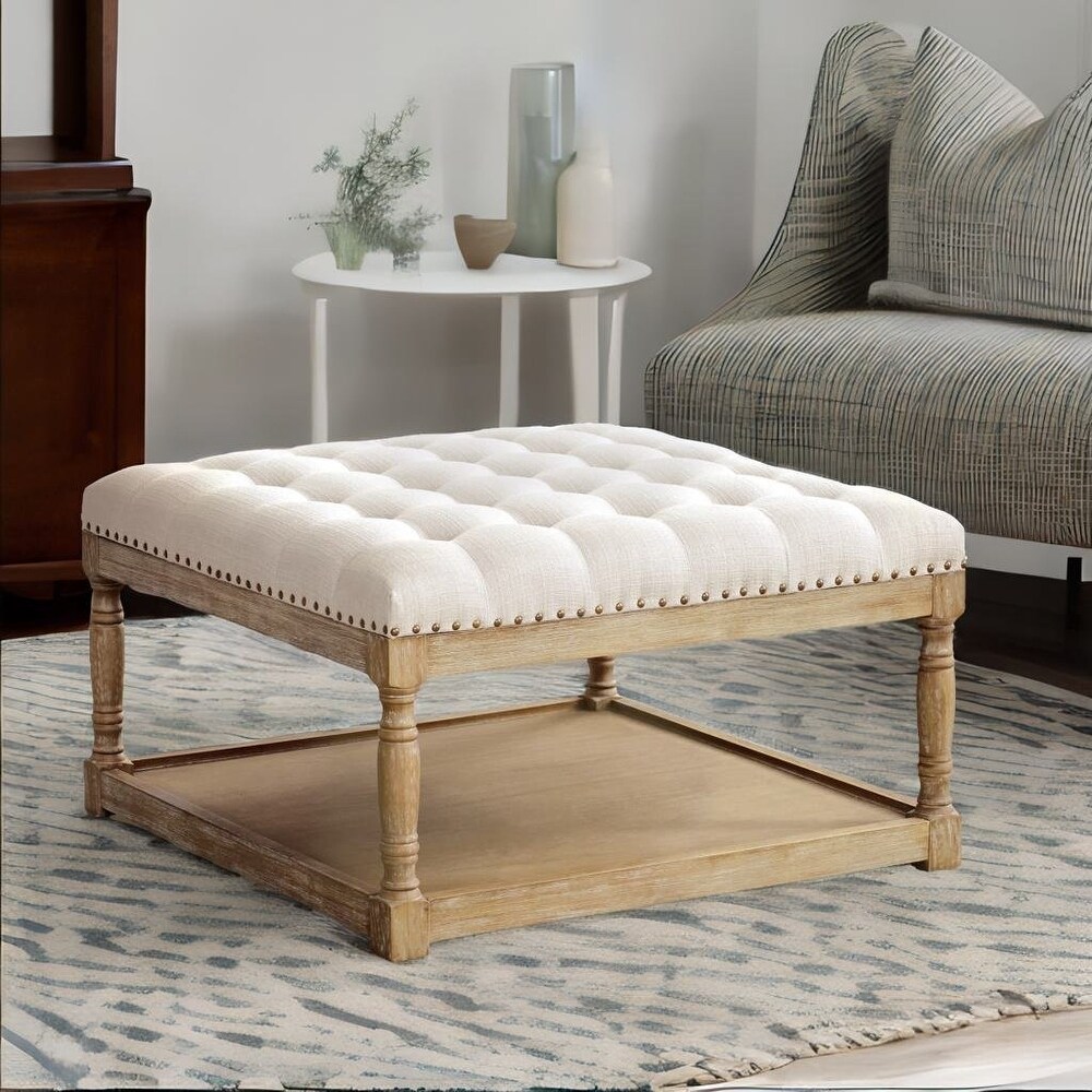 Tufted Textile Shelved Ottoman Table Brown/ Beige/ Light Blue