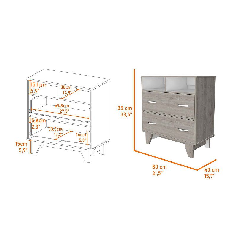 Portobelo Two Drawer Dresser， Two Shelves， Superior Top， Four Legs