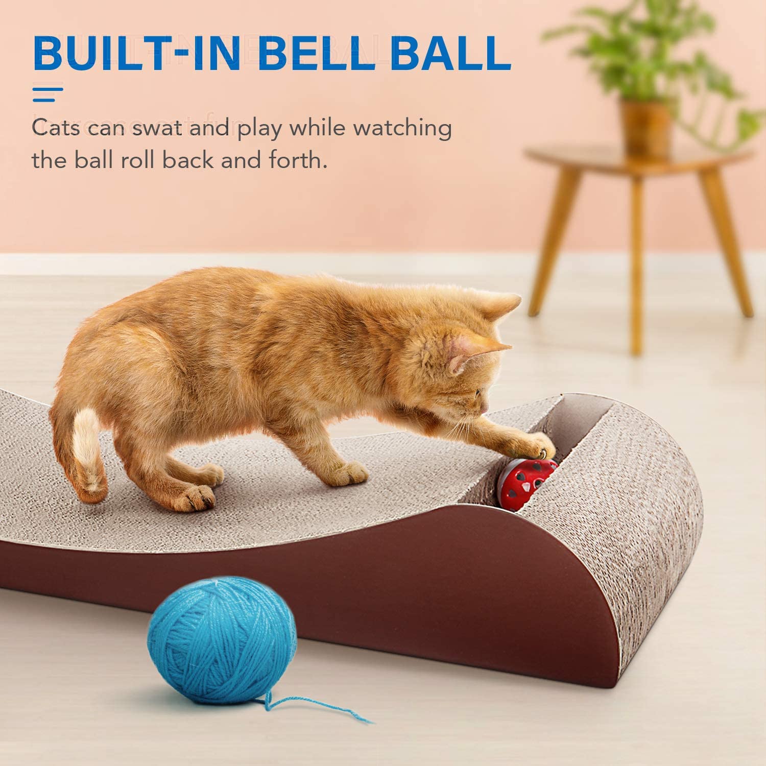 ScratchMe Cat Scratcher Cardboard Lounge Bed with Bell Ball Toy and Catnip， Brown， 1-Pack