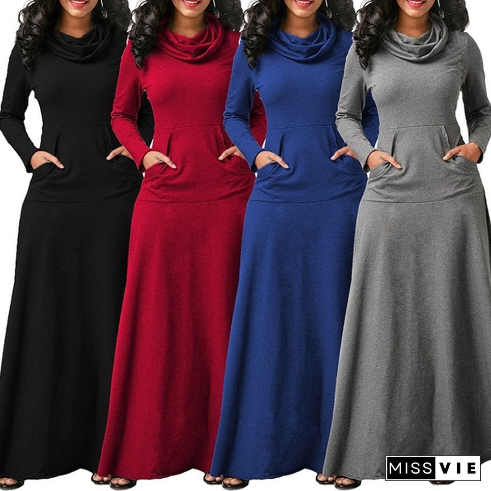 Autumn Winter Women Plus Size Hooded Dress Casual Long Pullover Cotton Long Dress 7 Colors