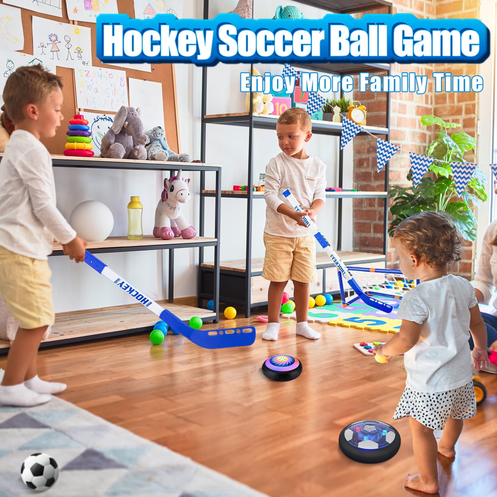 Hot Bee Hover Soccer Ball Set with 2 Goals, 3-in-1 LED Soccer Hockey Bowling Set Indoor/Outdoor Toys Gifts for Kids Boys Girls Ages 3+