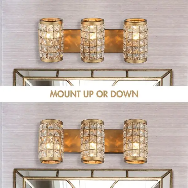 Aged Brass 3-Light Crystal Bathroom Vanity Lights Wall Sconce - 21.65-in W x 7.72-in H x 7.4-in D