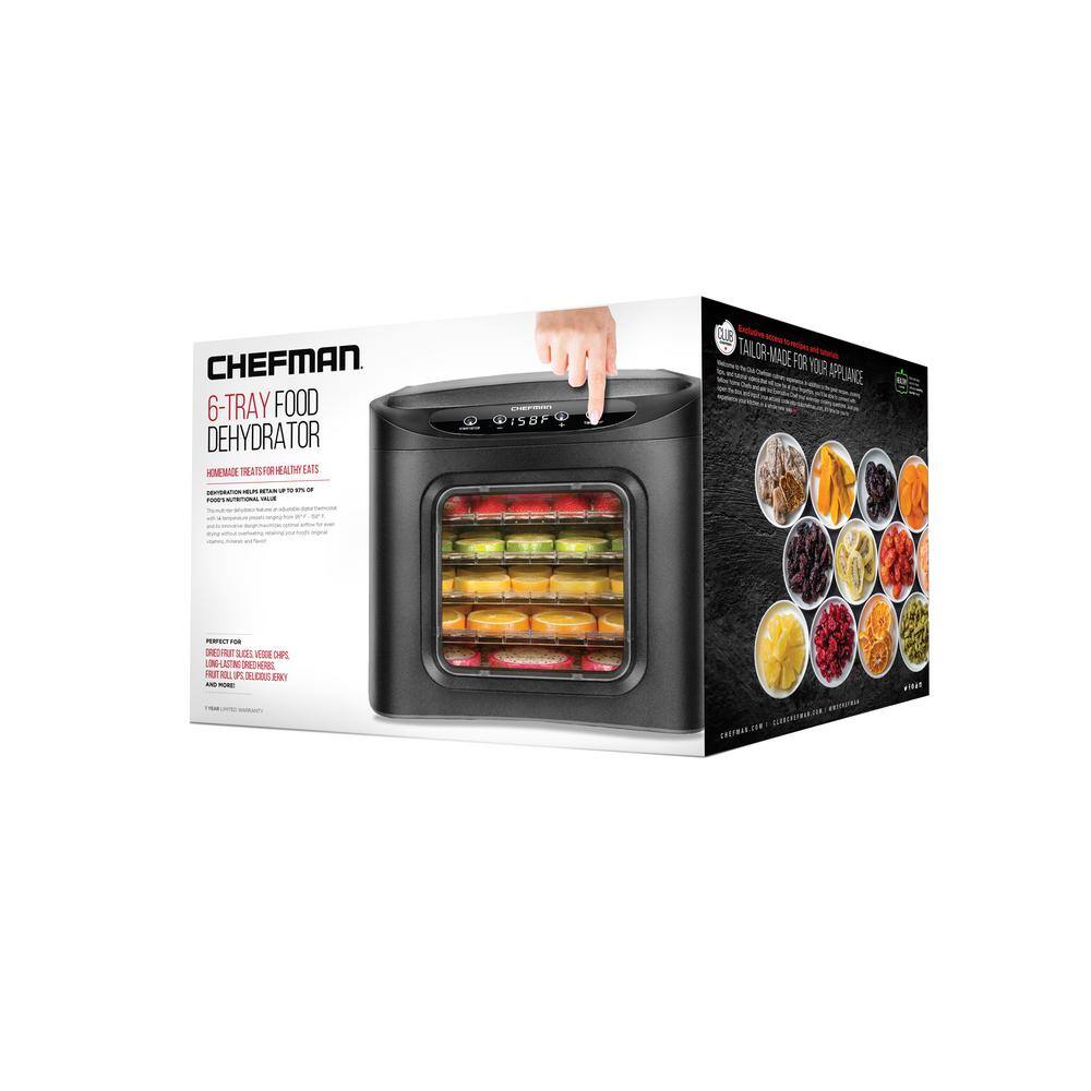 Chefman Black Food Dehydrator Machine Touch Screen Electric Multi-Tier Preserver Meat Beef Jerky Fruit Vegetable Dryer 6 Trays RJ43-SQ-6T