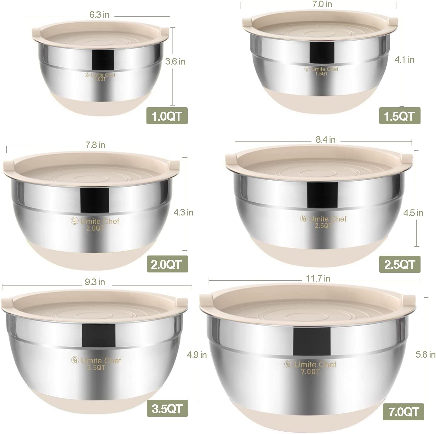 Chef Mixing Bowls with Airtight Lids 6 Piece Stainless Steel Metal Bowls, Measurement Marks & Colorful Non