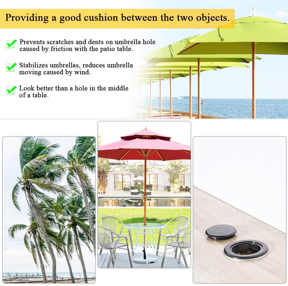 BUZIFU  2 Set Parasol Hole Rings Plastic Patio Umbrella Table Ring Standard Size Umbrella Hole Plug With 2 Pcs Decorative Tabletop Caps for Patio Umbrellas 1.65'' in Diameter or Smaller (Black)