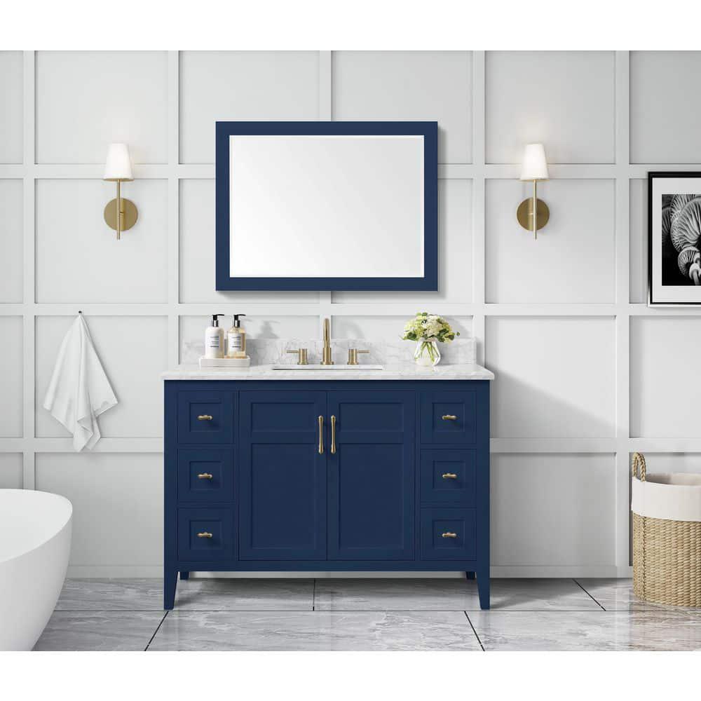 Home Decorators Collection Sturgess 49 in W x 22 in D Bath Vanity in Navy Blue with Marble Vanity Top in Carrara White with White Basin