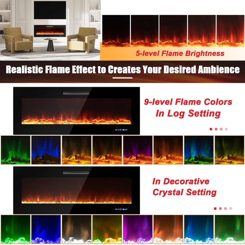 50 or 60 Inch Electric Recessed and Wall Mounted Fireplace w Remote