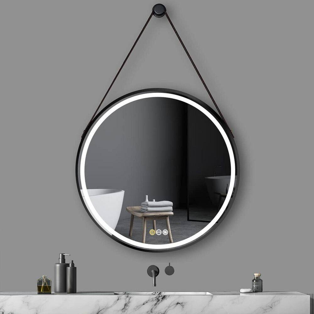 Large Round Framed LED Wall Bathroom Vanity Mirror with Hanging Strap